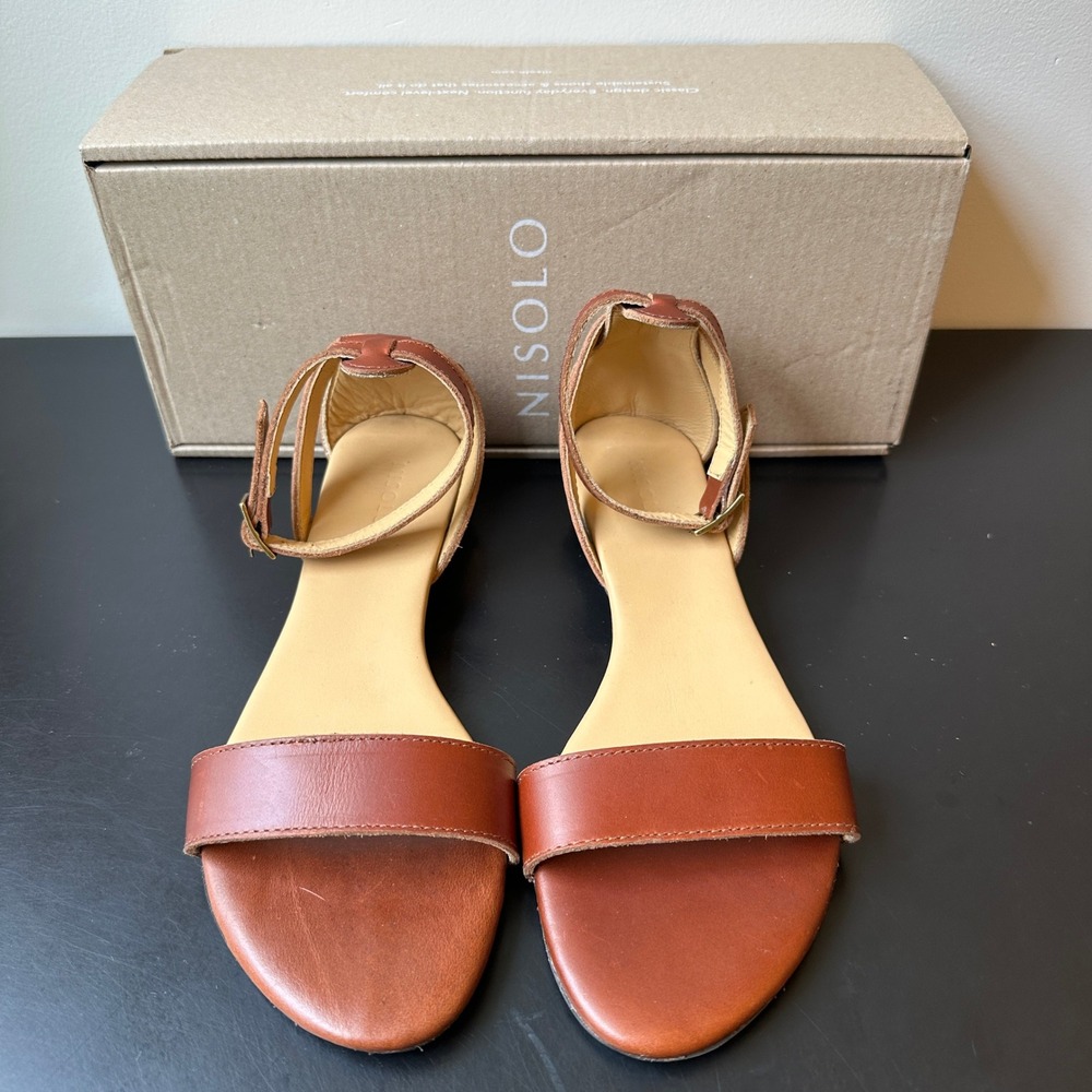 Nisolo Serena Leather Sandals Brandy Brown Ankle Strap Flat Sandals Womens Sz 6 - Picture 3 of 5